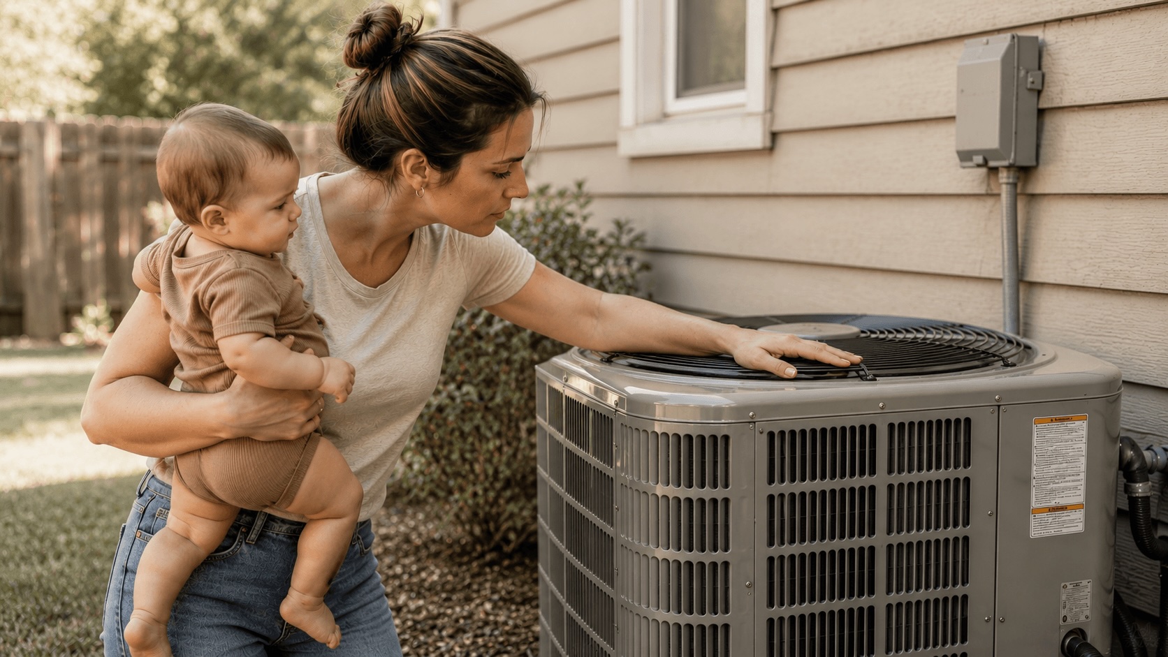 Homeowner checking an outdoor AC condenser unit
