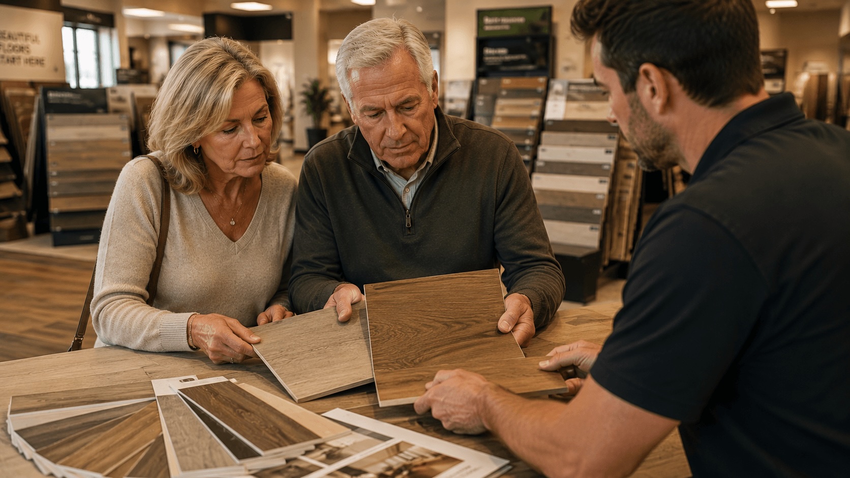 Homeowner comparing budget and premium renovation material samples