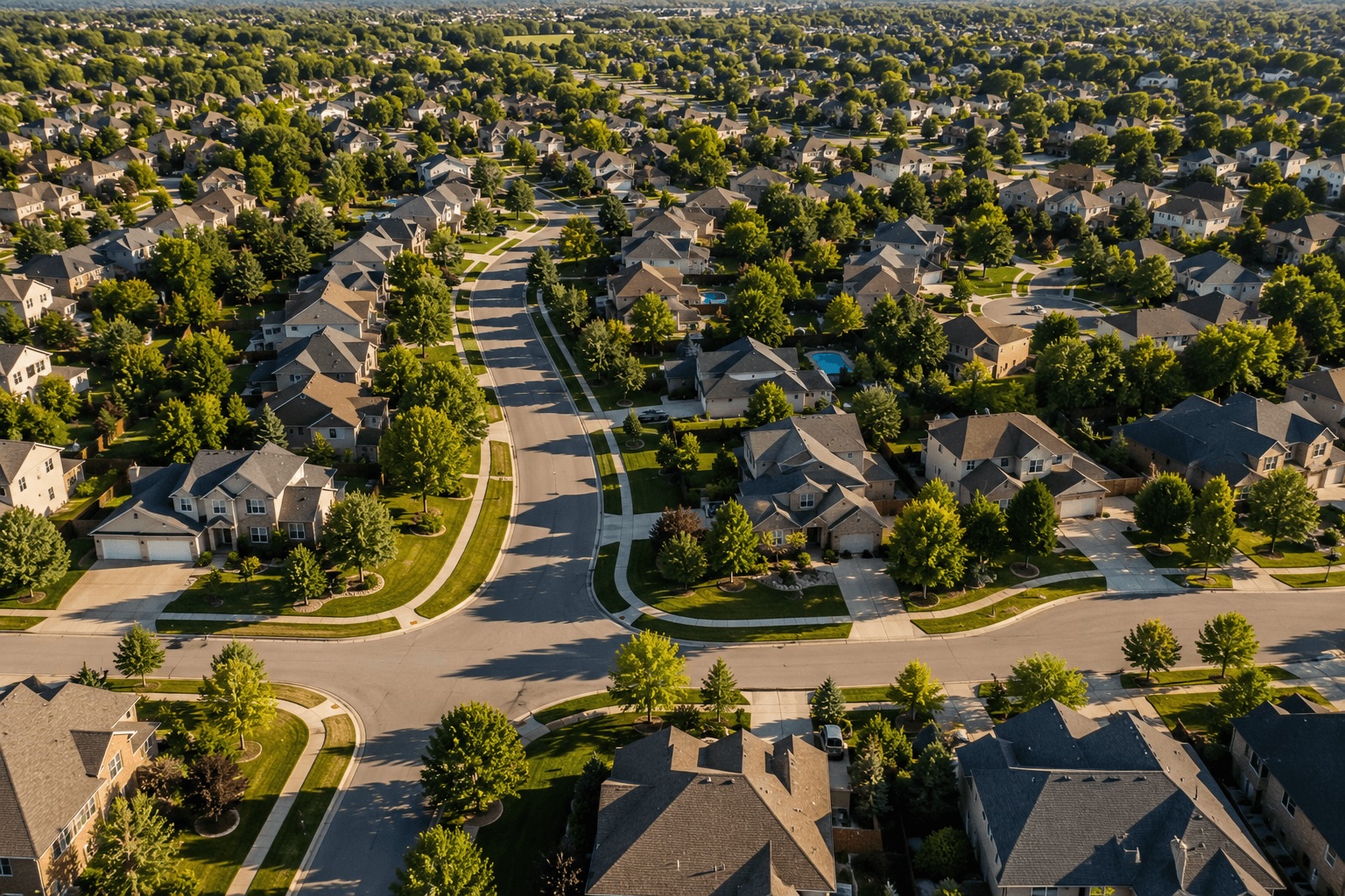 Aerial view of a neighborhood showing homes, streets, and nearby amenities