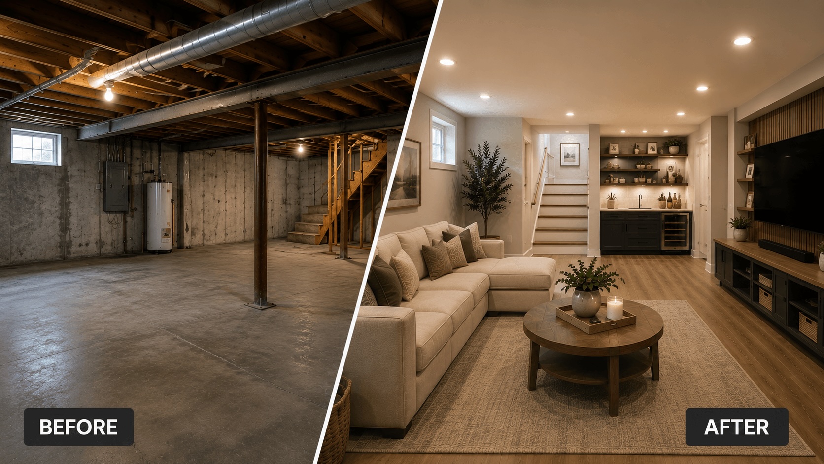 Finished basement living room with recessed lighting and luxury vinyl plank flooring