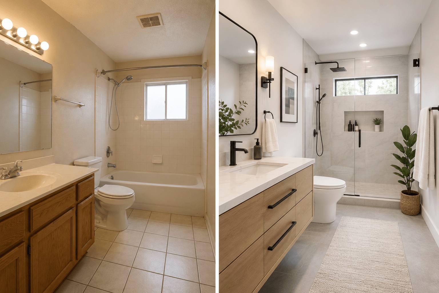 Newly remodeled bathroom with tile shower and modern vanity