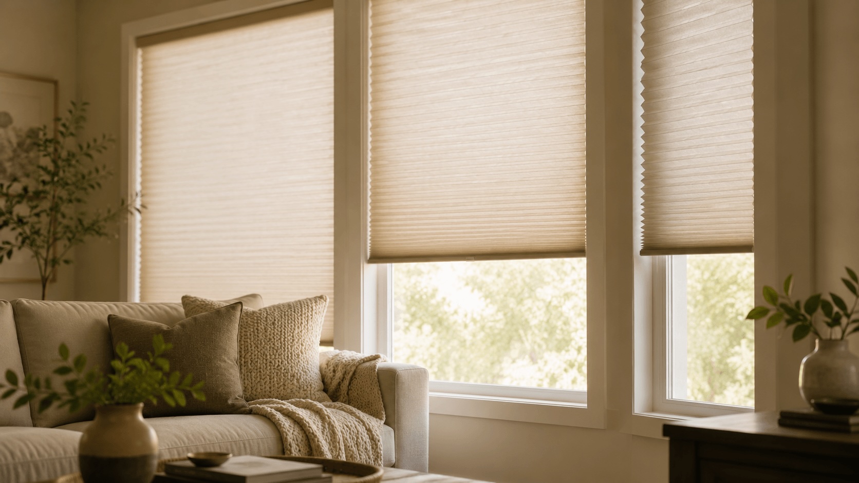 Cellular honeycomb shades blocking sunlight in a bright living room