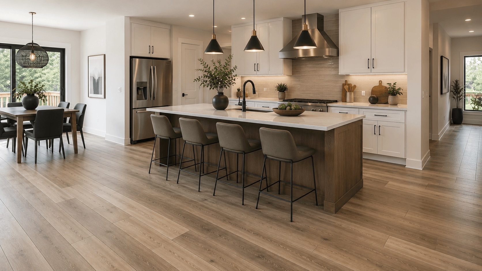 Modern kitchen with wide-plank luxury vinyl flooring