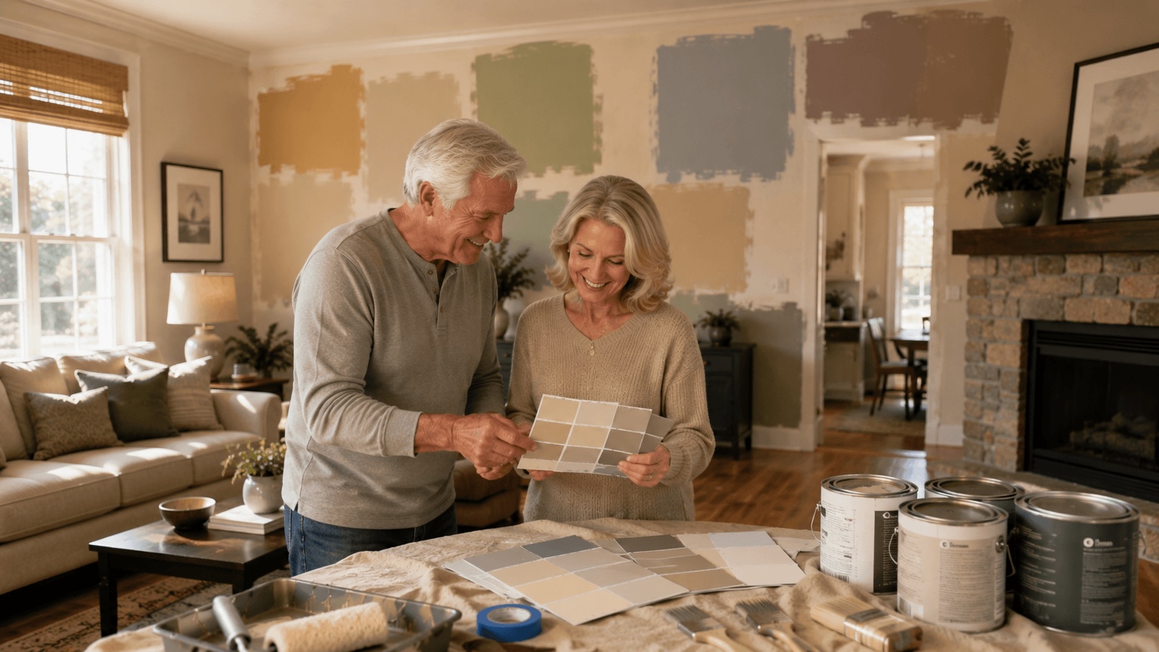 Homeowner holding paint swatches up to a wall in natural light