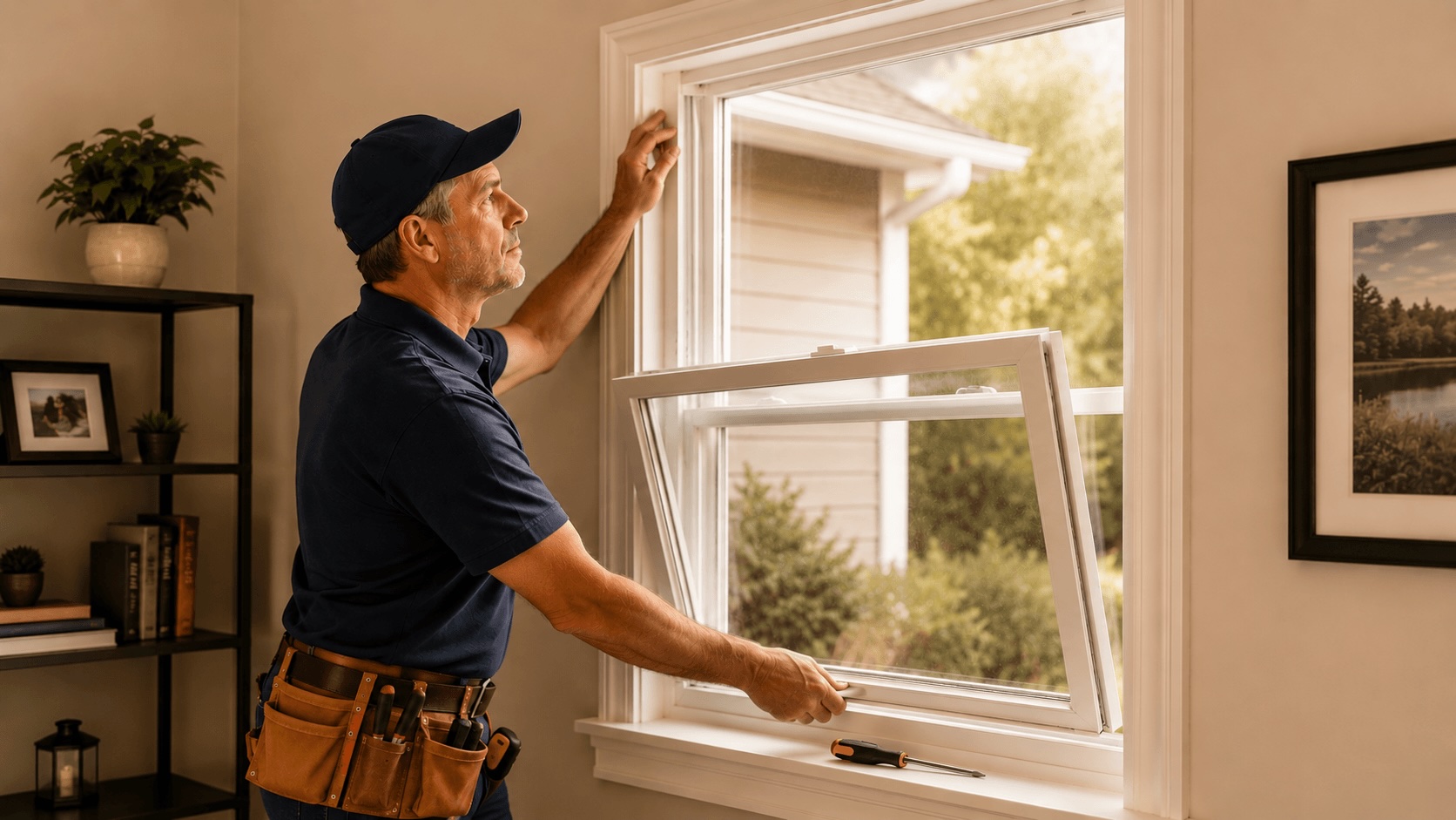 Technician repairing a foggy double-pane window seal