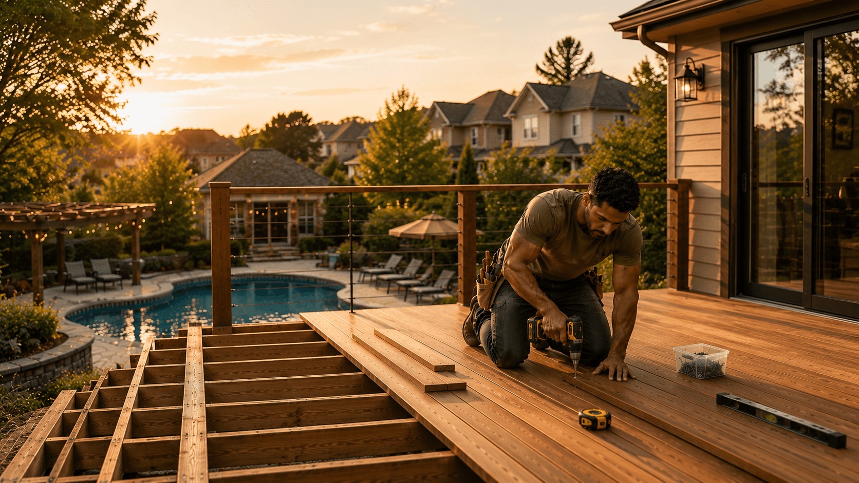 Backyard comparison of a wood deck and a paver patio