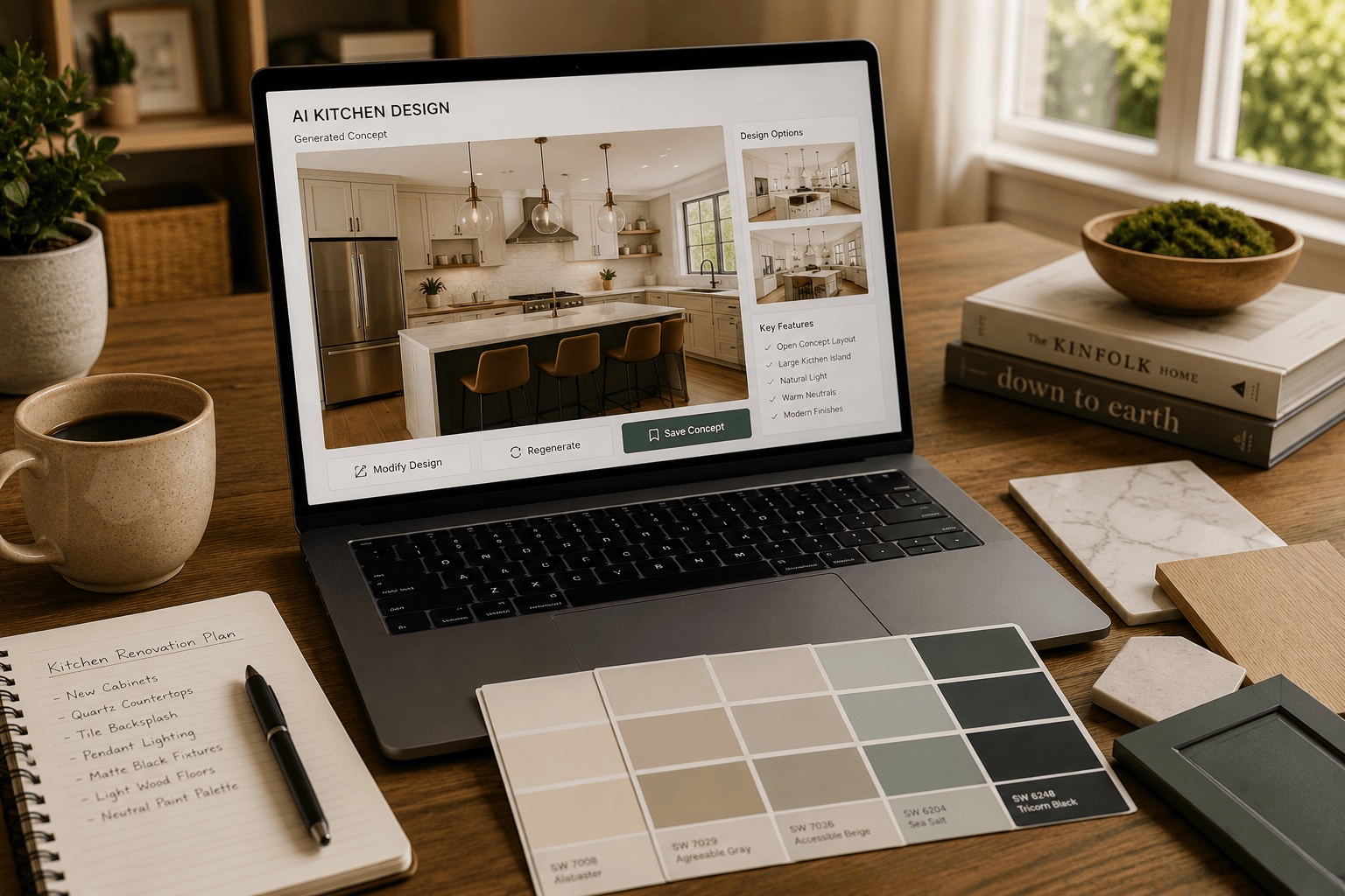 Laptop showing an AI-generated kitchen design mockup next to paint swatches