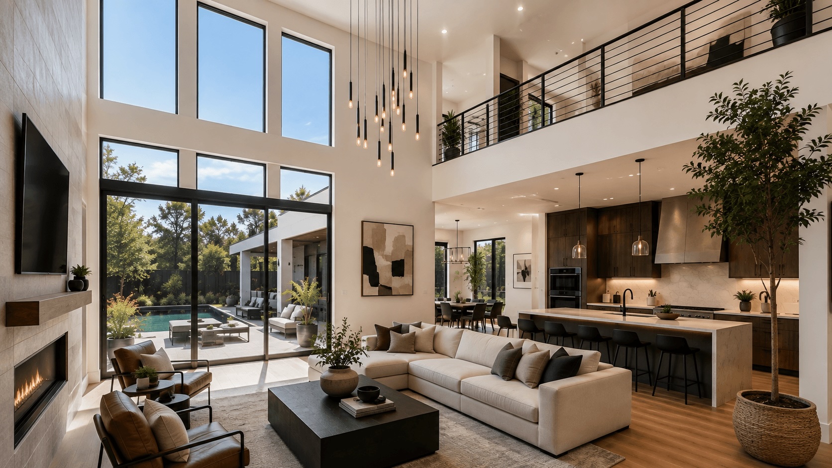 Bright living room with tall ceilings and large windows