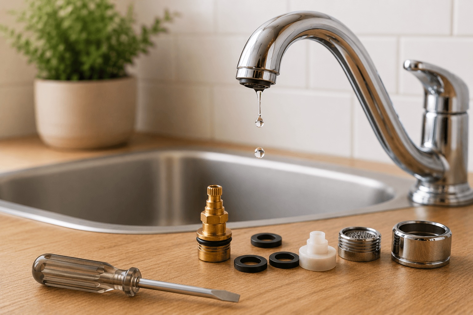 Homeowner using a wrench to repair a dripping kitchen faucet