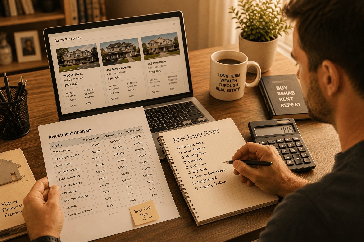 Homeowner reviewing rental property income and mortgage payoff numbers