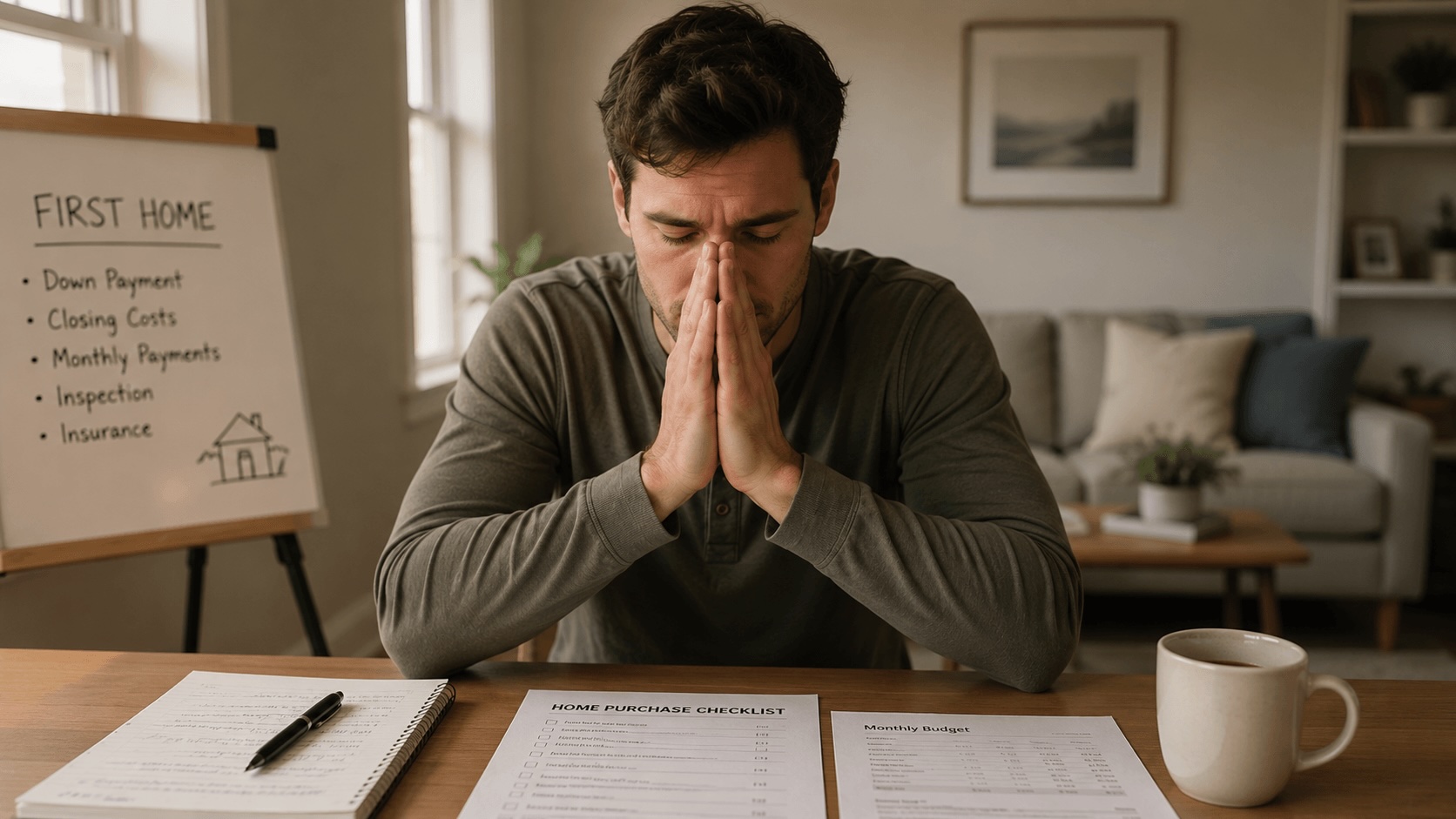 Nervous first-time homebuyer reviewing paperwork before signing