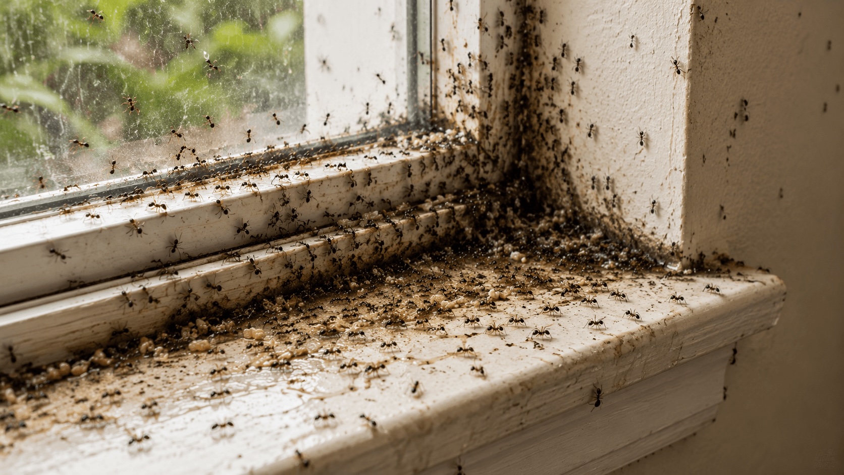 Line of ants on a kitchen counter near a window sill