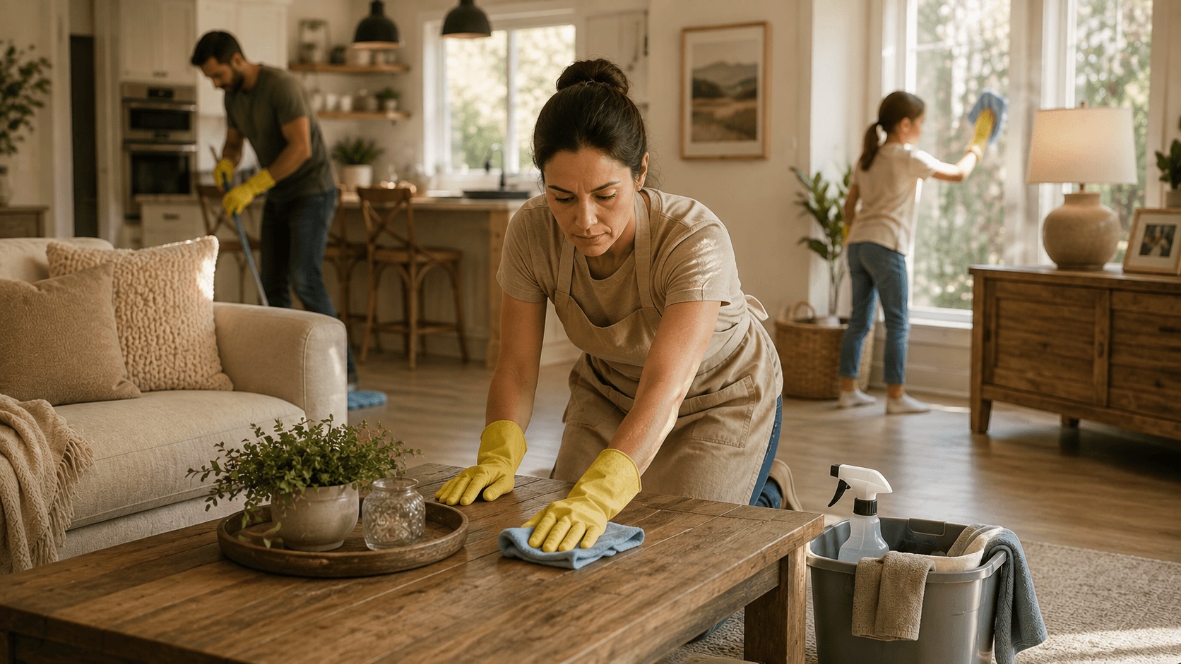 Homeowner deep cleaning behind kitchen appliances and baseboards