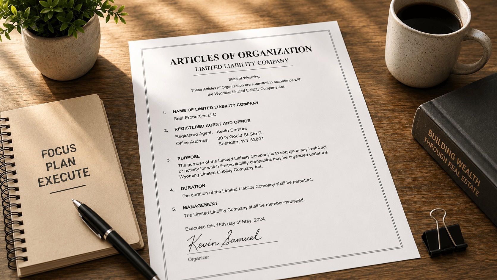 Landlord reviewing rental property paperwork and LLC documents