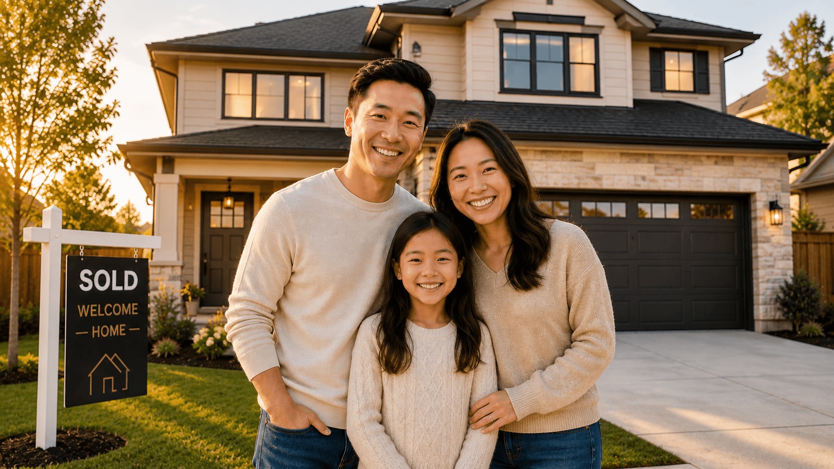 New homeowner holding house keys in front of their new home