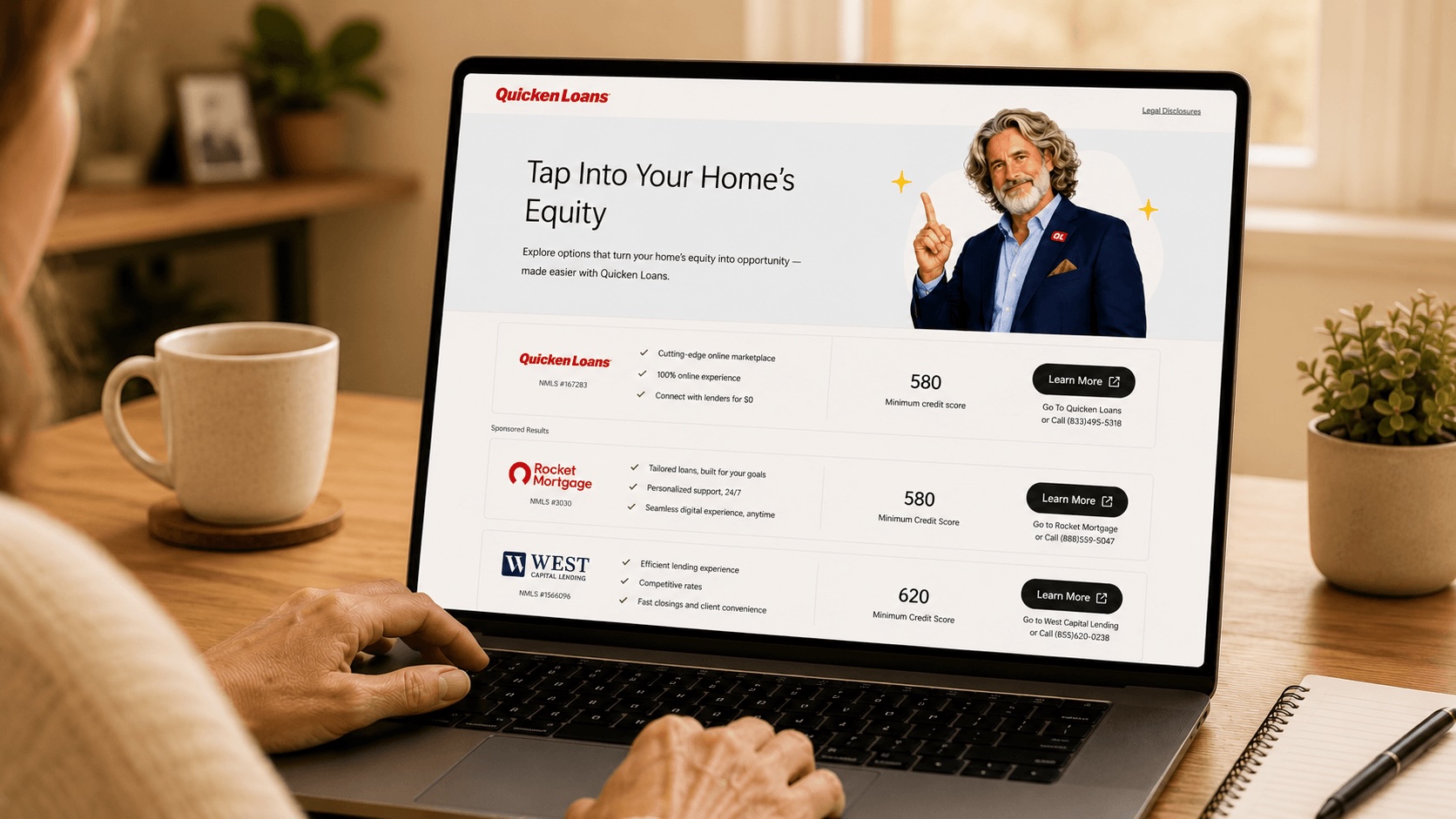 Homeowner researching mortgage lenders online