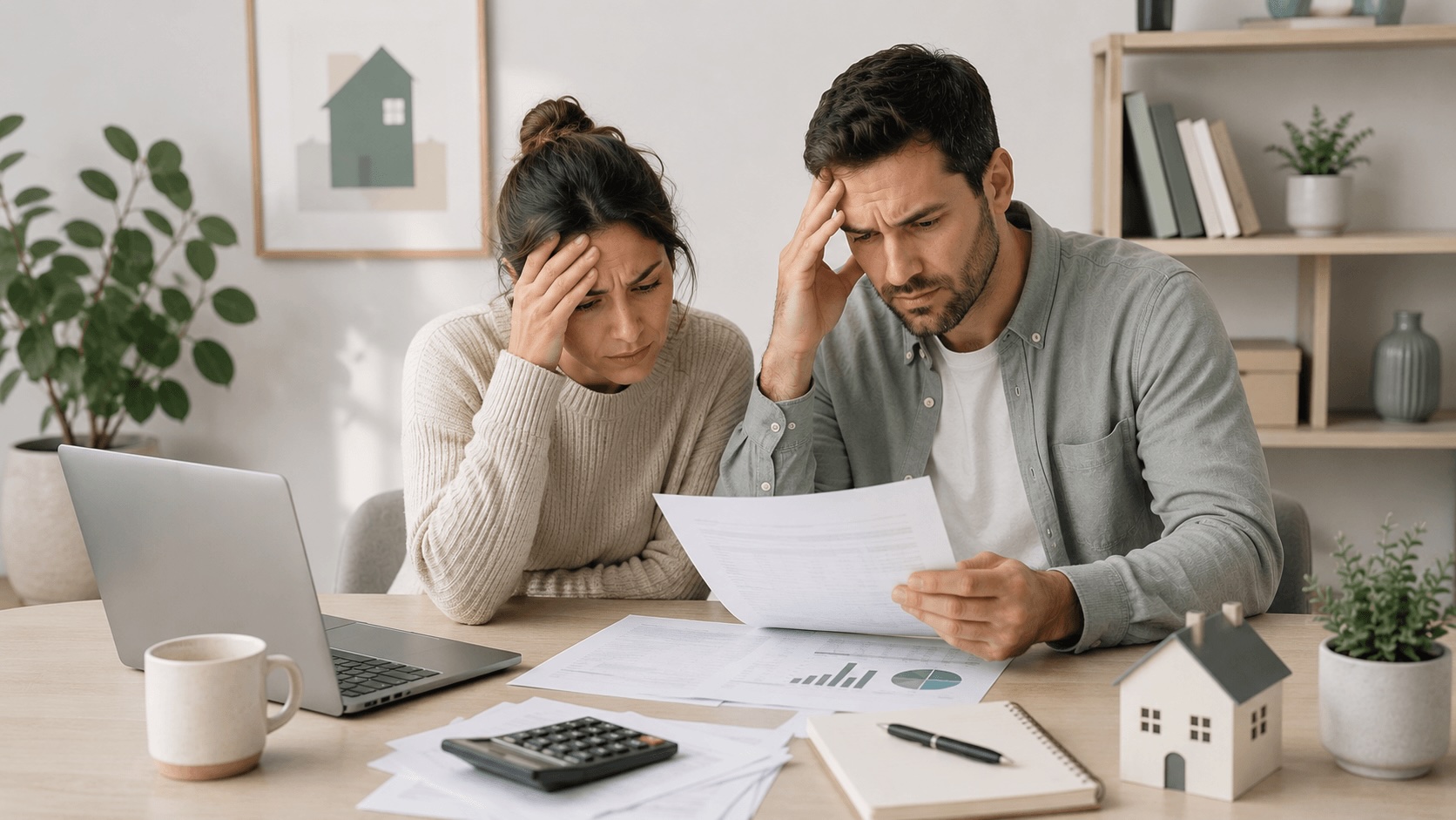 Homeowner reviewing mortgage refinance paperwork and calculator at home