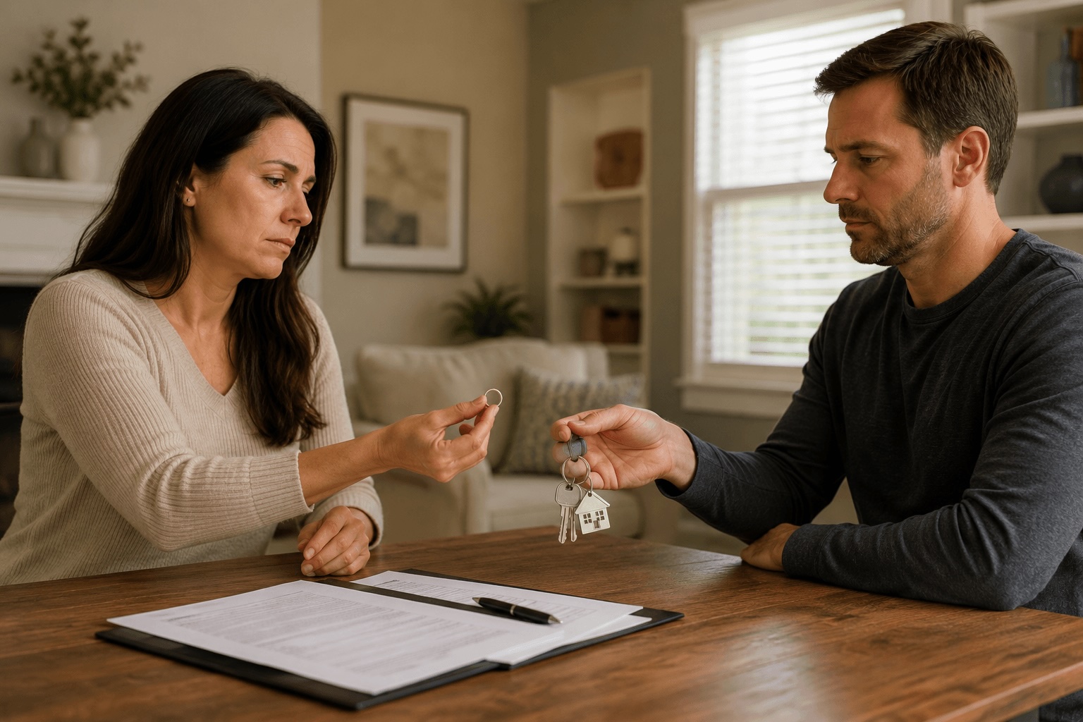 Homeowner reviewing mortgage refinance paperwork after a divorce settlement