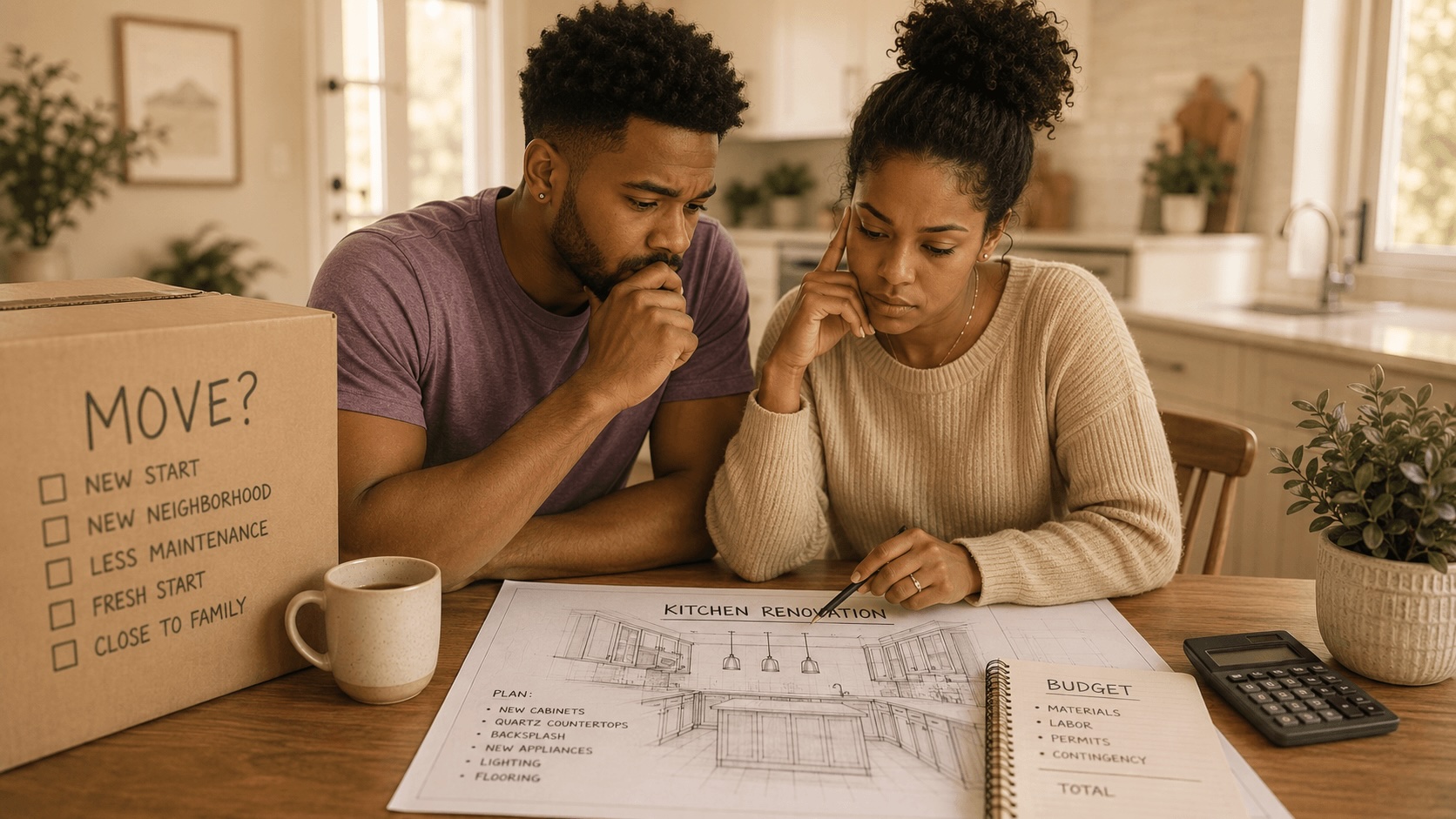 Homeowner comparing a moving box and renovation blueprints at the kitchen table