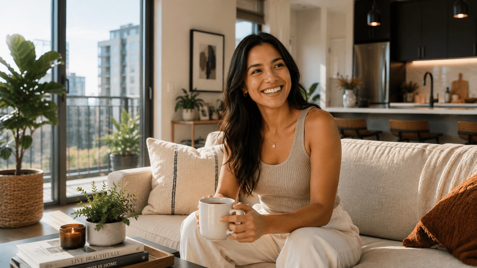 Renter comfortably relaxing in a modern rental apartment