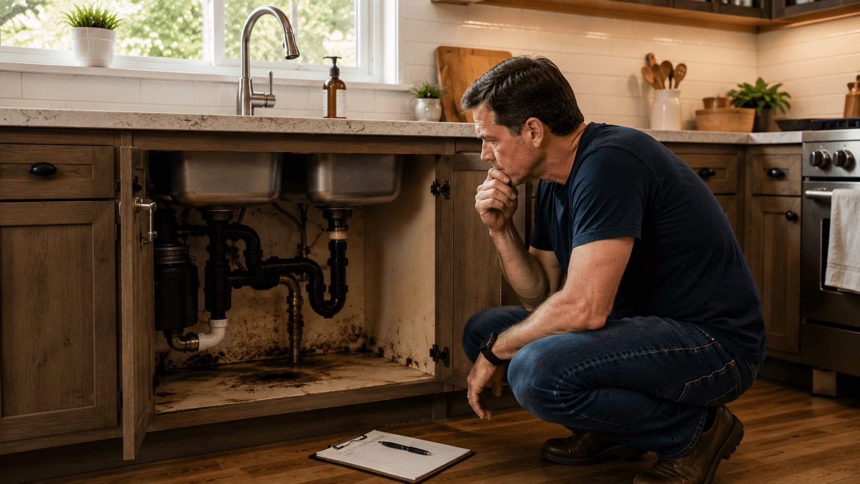 Homeowner inspecting an aging water heater deciding whether to repair or replace