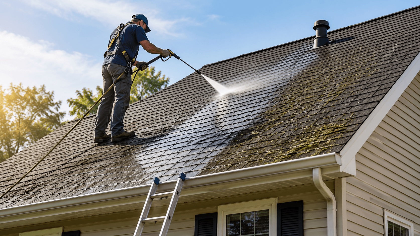 Clean asphalt shingle roof after professional soft wash cleaning