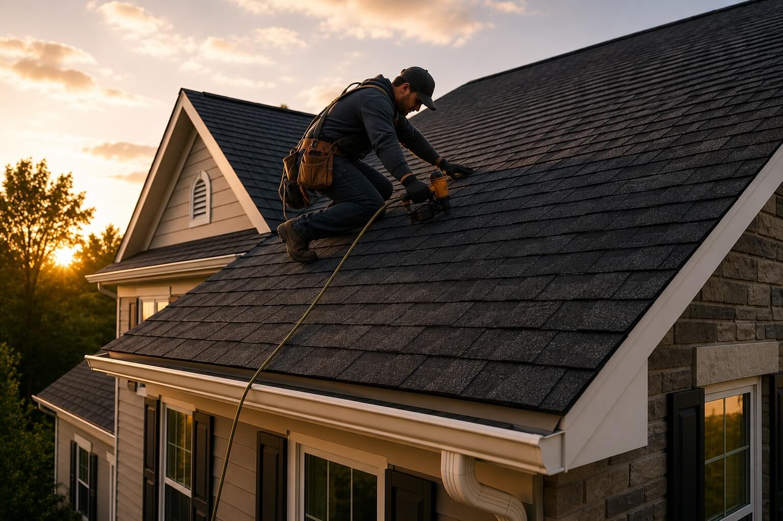 Aerial view of a residential asphalt shingle roof