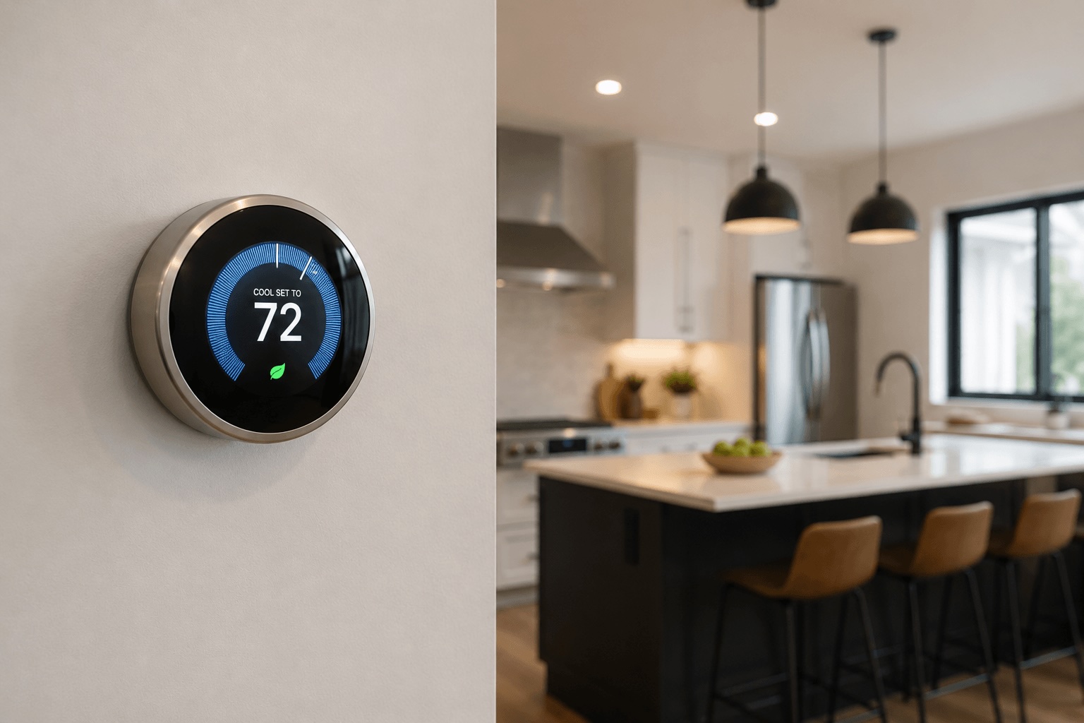 Smart thermostat and home energy monitor on a wall in a modern kitchen