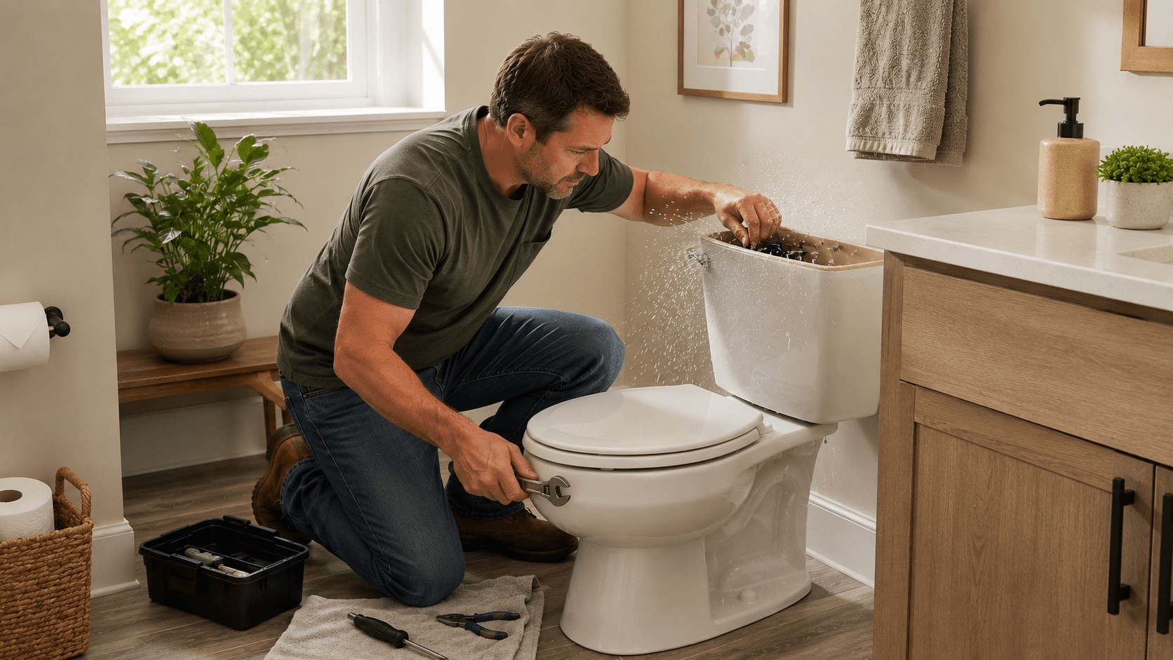 Homeowner fixing the internal tank components of a toilet that won't flush