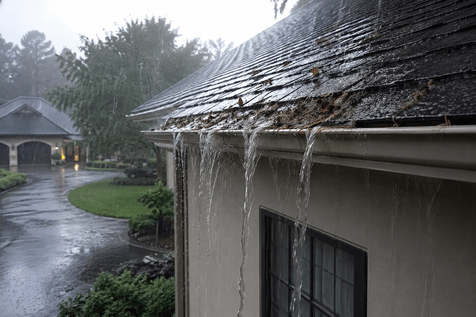 Homeowner using a scoop to clear leaves from a clogged gutter