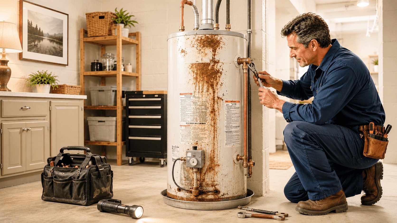 Plumber repairing a residential tank water heater