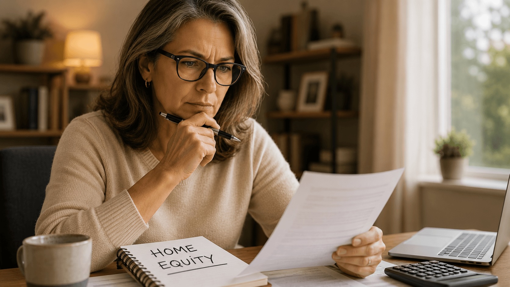 Homeowner reviewing home value and mortgage balance to calculate equity