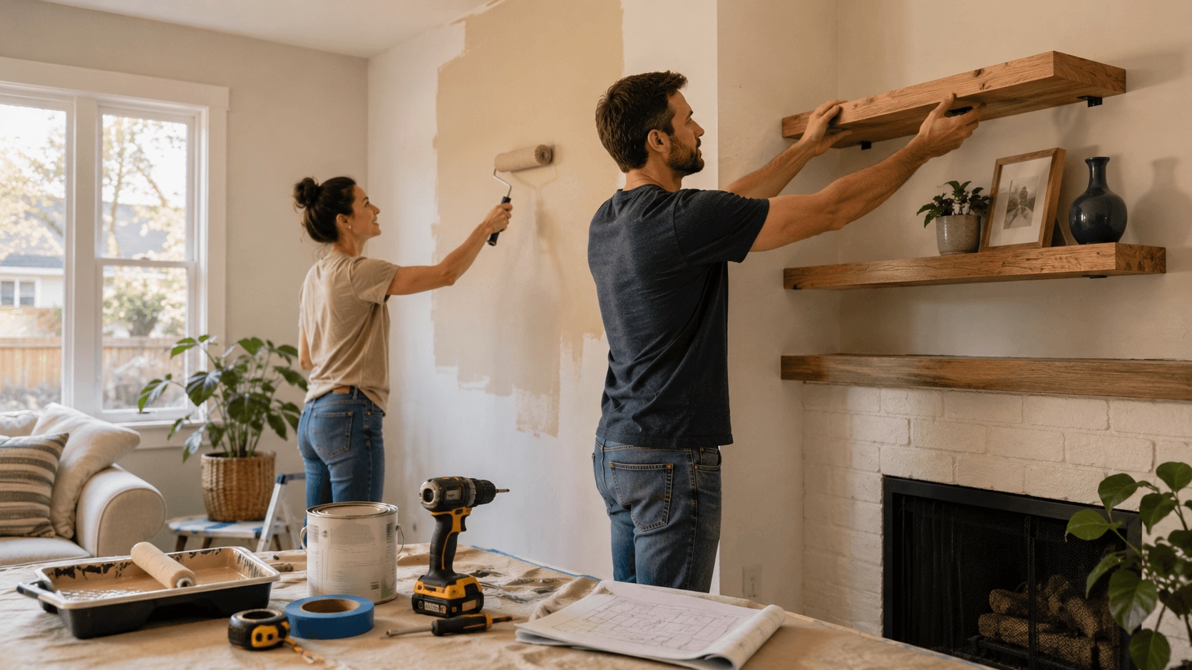 Homeowner planning home renovation ideas with a notebook and paint samples
